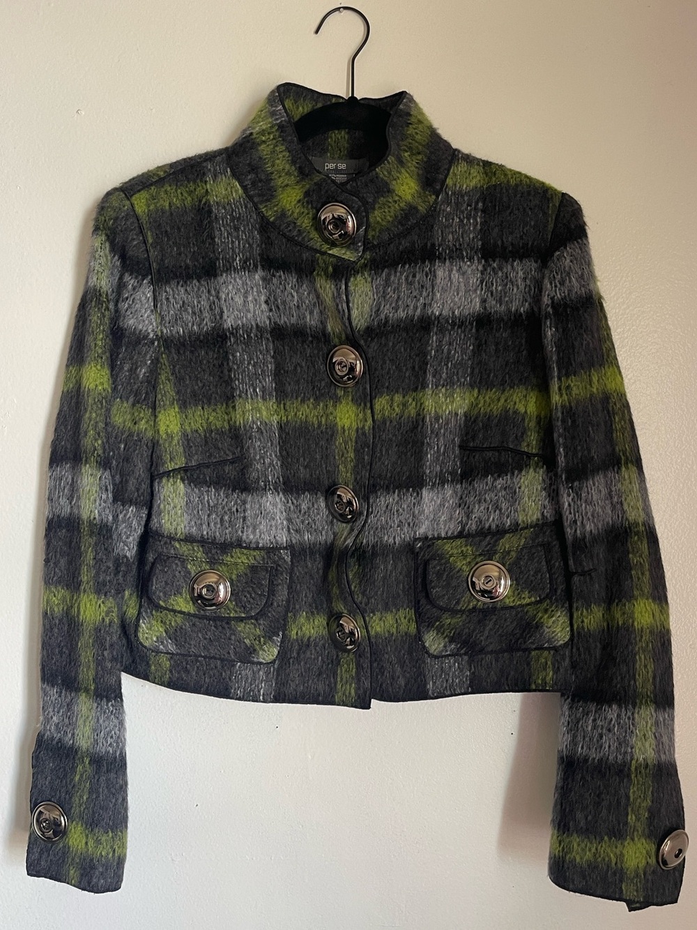 Per Se Plaid Mohair Wool Blend Cropped Jacket Green Gray Size 10 Preppy Academia